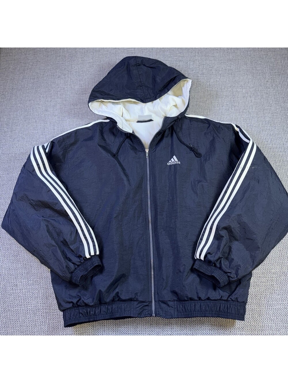 Vintage 90s Adidas Windbreaker Jacket XL Navy Blue White 3 Stripe Big Logo Hood